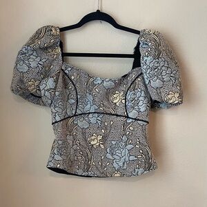 ELLIATT Puff Sleeve Floral Jacquard Crop Top Blue Black Size Small